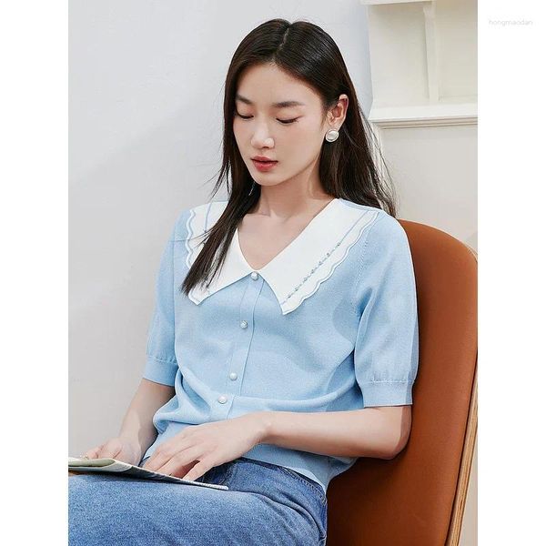 Vestidos casuales Verano Media manga Camisa de punto de seda de hielo para mujeres 2023 Edad Reducción de muñeca Cuello corto azul Top
