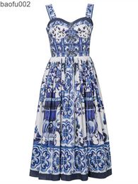 Casual jurken zomer hoiday blauw en witte porselein bloem printen katoenen jurk vrouwen spaghetti band ritssluiting elastisch backless midi vestidos w0315