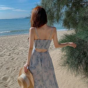 Casual jurken zomervakantie Boheemse bloemen Suspender jurk sexy backless midi a line riem mouwloze schuine nek zee aan zee