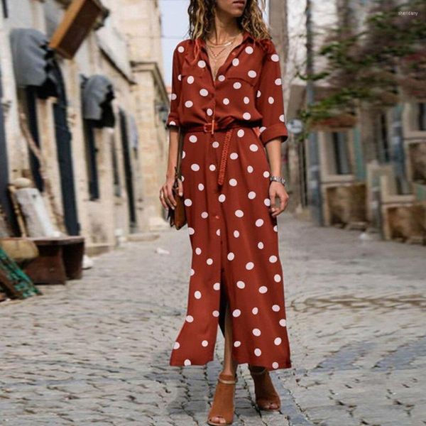 Robes décontractées été mode italienne chemise à pois robe longue femmes manches col en v boutonné fendu