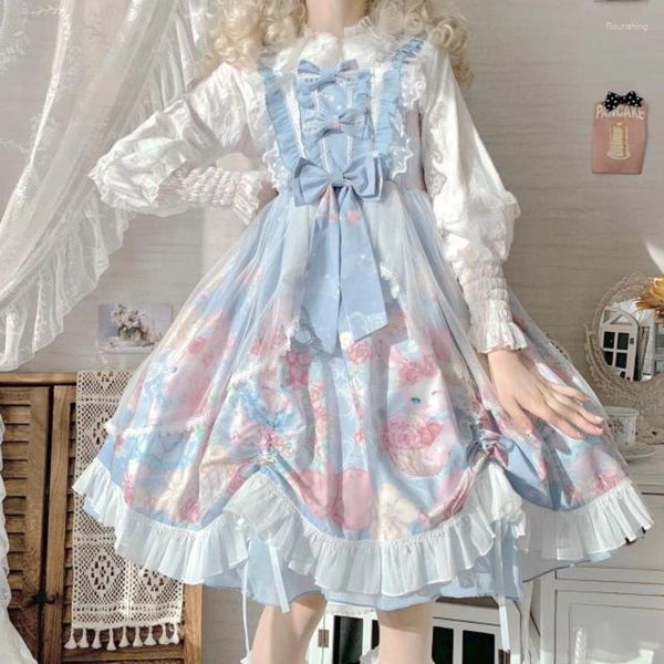 Robes décontractées Summer Japonais Lolita Style JSK Robe Sweet Big Traînant Straped Femme Bow Dentelle Volants Kawaii pour les femmes