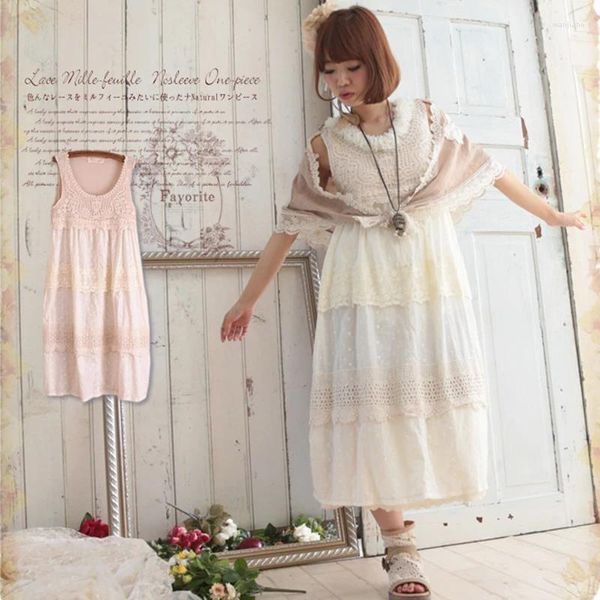 Vestidos casuales verano japonés mujeres dulce sin mangas vestido vestido mori niña beige color encaje bordado capa femenina kawaii tanque A051