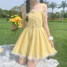 Robes décontractées été Kawaii Lolita robe à bretelles femmes Patchwork dentelle japonais doux mignon Mini jaune Plaid conte de fées 2023