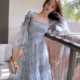 Vestidos casuales Verano Kawali Vestido floral Mujer Puff Manga Fiesta francesa Midi Coreano 2022 Mujeres Elegante Patchwork Imprimir Dulce DressCasual