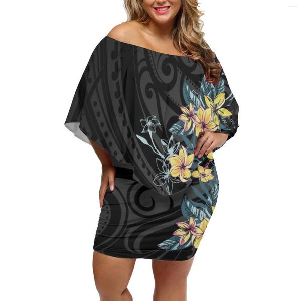 Vestidos informales Vestido de verano de punto con hombros descubiertos Falda corta elegante para mujer Cuello de loto Capa baja Estampado tribal polinesio