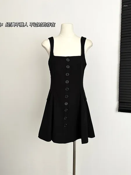 Robes décontractées Summer Korean Fashion Single-Breast Vintage Jarretelle Robe de bal Femmes 2023 Mini A-Line Noir One-Pièce Vêtements Design