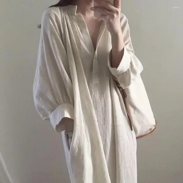 Robes décontractées d'été coréen lâche robe robe colorie solide coton simple et chemise en lin mi-longueur v-cou y2k