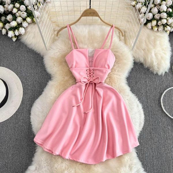 Robes décontractées été Style coréen robe à bretelles Spaghetti rose Tulle épissure évider pansement Sexy a-ligne Mini femmes Club vêtements