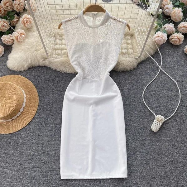 Vestidos casuales Vestido de puntada de bordado de encaje de verano Moda para mujer Chaleco sin mangas Vintage Blanco Largo para el trabajo de oficina