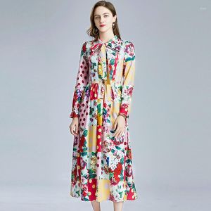 Casual jurken zomer kanten stiksel vlinderdas damesjurk modeontwerper maxi vestidos elegante winkels met lange mouwen bloemenprint