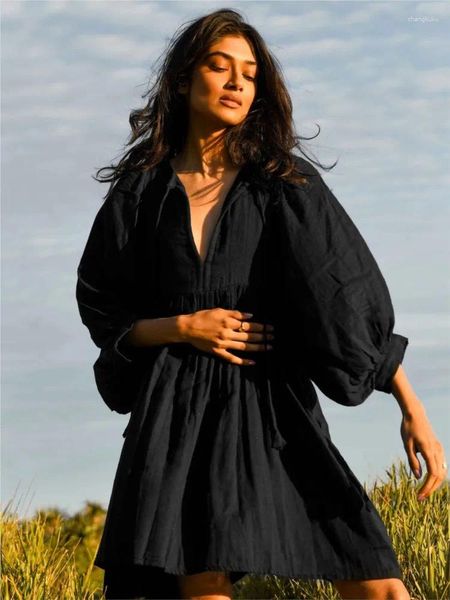Vestidos casuales de verano con cordones vintage plisado linterna manga negro mujeres sueltas de gran tamaño playa vacaciones mini vestido vestidos 2023