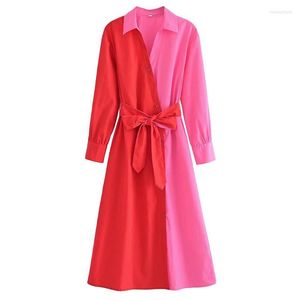 Casual jurken zomer dames mode contrast kleur riem lange mouw jurk blok revers stropdas slanke dresscasual
