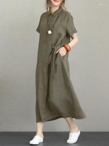 Vestidos informales de verano para mujer, vestido holgado, Color sólido, algodón, lino, solapa, manga corta, longitud media, cómodo y transpirable