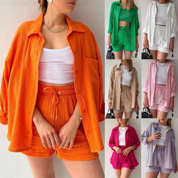 Robes décontractées Été Lin Cordon Shorts Ensembles Femmes 2 Pièces 2023 À Manches Longues Printemps Tops Lâche Élastique Taille Costumes Chemises Blouse