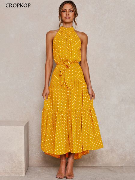 Robes décontractées été longue robe à pois noir Sexy licou sans bretelles jaune robe d'été vêtements de vacances pour les femmes 230511