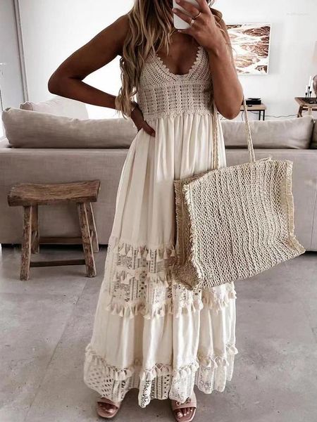 Robes décontractées Été Longue Robe Femmes Blanc Dentelle Femme Sexy Hors Épaule Dos Nu Dames Creux Out Gland Plage Boho