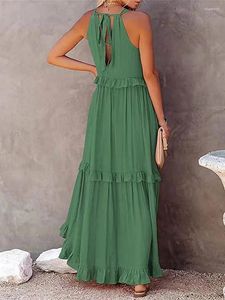 Casual jurken zomer losse lange jurk vrouwen elegante ruche halter mouwloze vrouwelijke feestoutfits strand maxi groene tie-up gewaad vjhkn