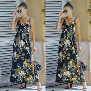 Casual jurken zomer maxi bohemian v-neck camisole bloemen prairie chic backless fit flare schattige zwarte marine bruine lange slip jurkcasual