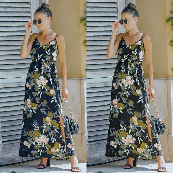 Abiti casual Estate Maxi Bohemian Scollo a V Canotta Floreale Prairie Chic Backless Fit Flare Cute Black Navy Brown Long Slip DressCasual