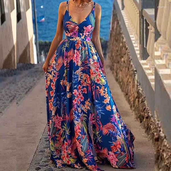 Vestidos casuales Vestido maxi de verano Mujer Sin mangas Ropa de playa Vestido de verano Estilo de vacaciones Cuello en V Dobladillo Split Floral Ropa femenina Sling Vestido