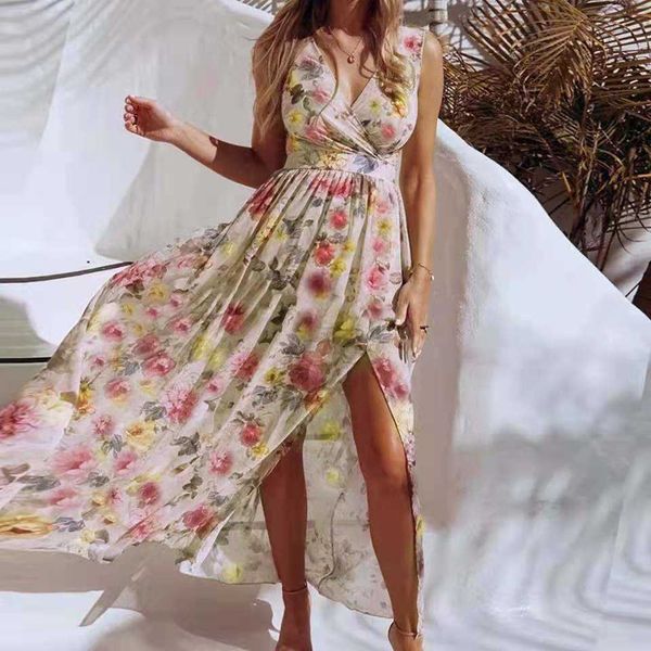 Vestidos casuales Vestidos maxi de verano para mujer Moda Estampado floral Dividido Playa Vacaciones Gasa Vestido largo Elegante Ropa para mujer Robe Femme G230311