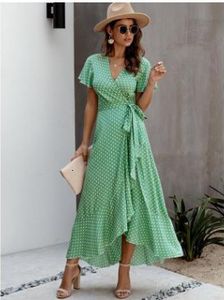 Casual jurken zomer maxi wrap jurken zomer mode polka stip sexy v-neck ruche korte mouw damesjurk 230425