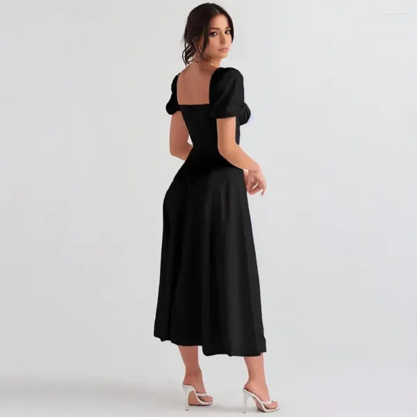 Vestidos casuales Vestido midi de verano Elegante cuello cuadrado con volantes escalonados Detalle de correa con cordones Una línea de mujer plisada para A