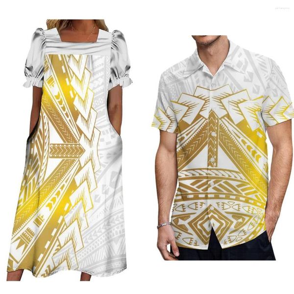 Vestidos casuales Verano Mumu Vestido de manga corta para mujer Micronesia Imprimir Camisa de hombre a juego Traje de pareja