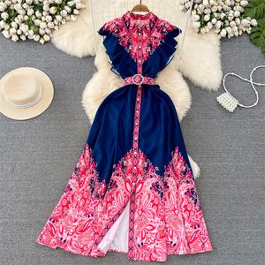 Robes décontractées d'été Nouveau revers sans manches robe d'impression femme vestide bleu rose avec ceinture mince à manches volantes à manches volantes simples robes 2024