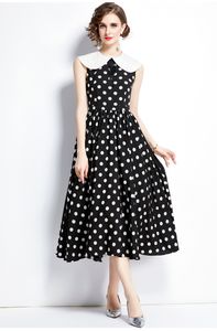 Casual Jurken Zomer Nieuwe Vintage Hepburn Stijl Slanke Polka Dot Print Mid-Lengte Jurken Vrouwen Zoete Strik Peter Pan kraag Tank Lange Jurk 2023