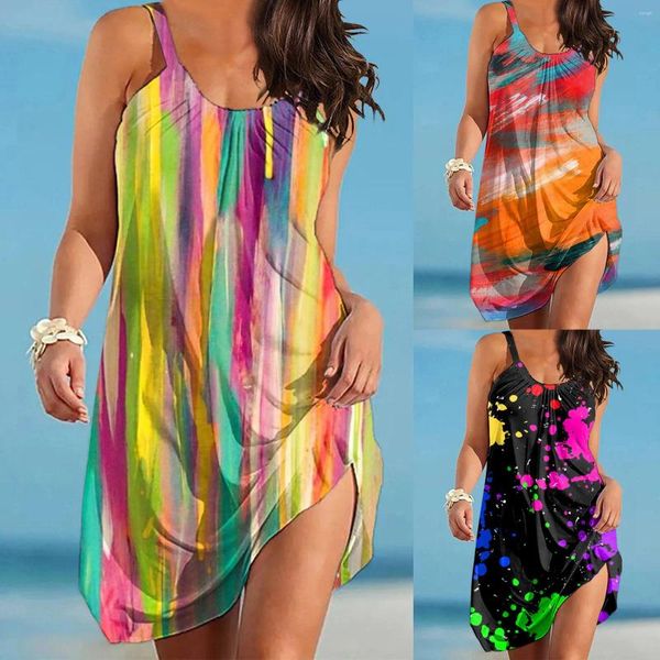 Vestidos casuales Verano O Cuello Vestido sin mangas Elegante Lace Up Bohemio Hollow Out Vintage Art Tie Dyed Print Mini Beach Sundress