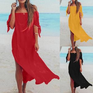 Casual jurken Zomer Off Schouder Lange jurk vrouwen strand tie knoop chiffon split maxi strapless korte mouw midi sundress