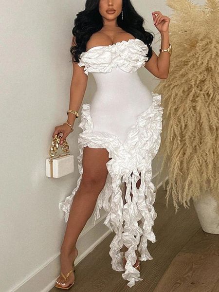 Robes décontractées Summer Femme Femmes Ruffle Top Ribbon Pildons Asymétriques BodyCon sans bretelles Mini Dress Club Prom Cocktail Streetwear