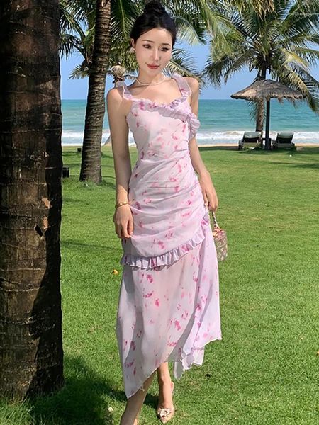 Vestidos casuales verano rosa gasa impresión chic con volantes sling vestido largo mujeres elegante estilo de playa 2024 moda coreana bodycon