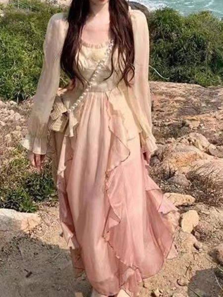 Robes décontractées été rose en mousseline de soie Vintage robe douce femmes France élégante fête Midi femme Style coréen à manches longues fée 2023