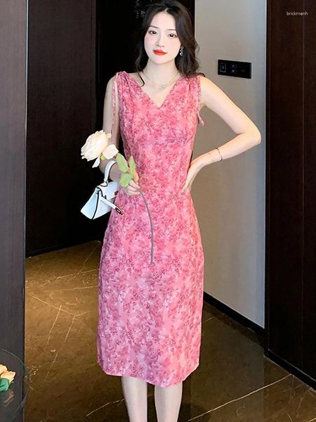 Robes décontractées Été Rose Floral Mousseline de soie Chic Bow Sling Robe Midi 2024 Élégante Plage Femmes Mode Coréenne Moulante Fête Robes