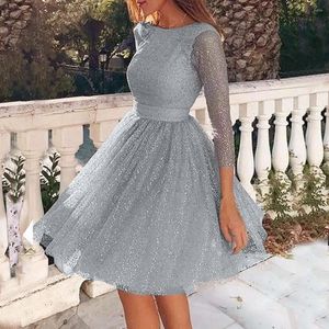 Casual jurken zomer plus size mesh lovertjes mini jurk dames elegante massief kleuren feest backless lange mouw vakantie