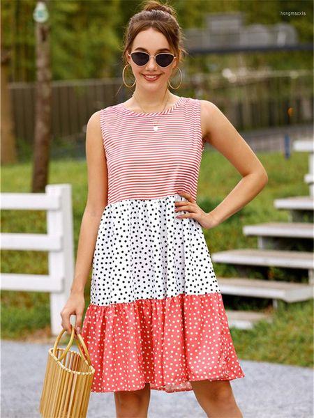 Vestidos casuales verano Polka Dot Check Patchwork Sundress mujer moda suelta sin mangas vestido de cintura media 2023 ropa de calle elegante