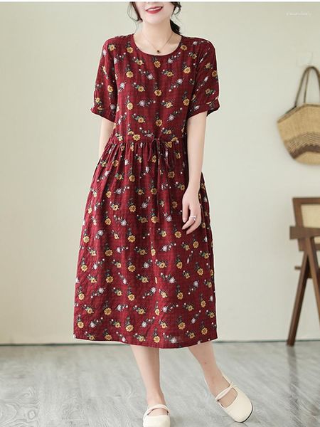 Vestidos casuales Estampado de verano Manga corta Vintage Algodón Lino Vestido Midi Mujeres Suelta Floral Robe Damas Ropa elegante