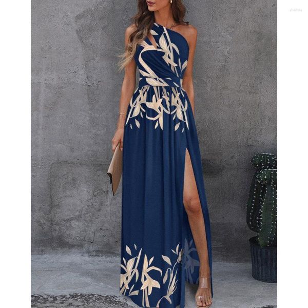 Vestidos casuales Productos de verano 2023 Mujeres con hombros inclinados Hollow Air Quality Commuter Printing Slit Large Swing Dress Mujeres