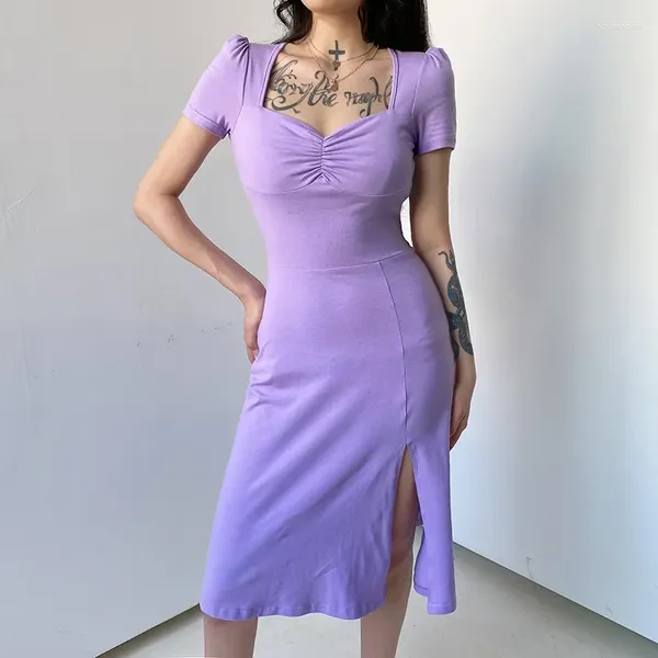 Robes décontractées d'été violet noir sexy divisé carré couche robe femme 2024 coréen haute taille corps mince plie femme solide