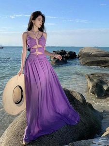Casual jurken zomer paarse elegant romantisch halter verband geplooide jurk sexy club holle backless slip voor dames vestidos