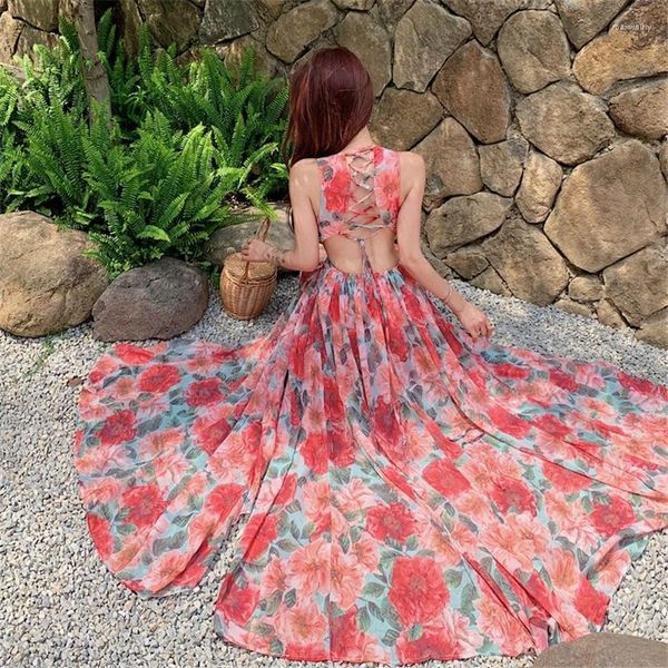 Vestidos casuales Verano Flor roja Vacaciones Maxi Vestido Bohemio Mujeres Profundo Cuello en V Sin mangas Estampado Floral Gasa Volantes Sexy Sin espalda Largo