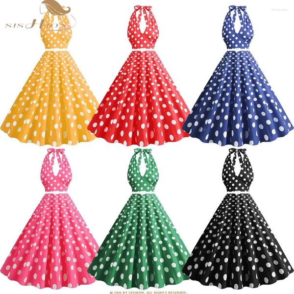 Robes décontractées Summer Retro Vintage Halter Party Robe pour femmes Swing à pois rockabilly cocktail élégant midi sr1254