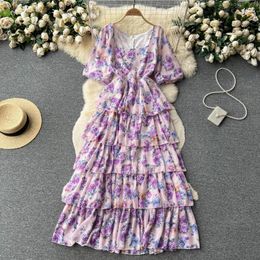 Casual Jurken Zomer Romantische A-lijn Maxi Jurk Voor Vrouwen V-hals Mouw Hoge Taille Bloemen Gedrukt Tierred Ruffle Lace 112707