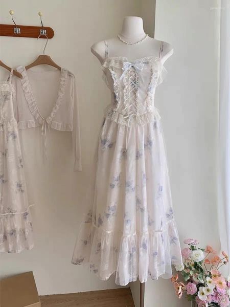 Robes décontractées d'été Robe de fée romantique femme vintage imprimement fleur en dentelle en dentelle rubans spaghetti Sweet Princess Vestido