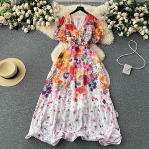 Casual jurken Summer Runway Chic Flower Chiffon Dress dames V-hals korte mouw High Ealstic Taille Floral Print Holiday PA2372