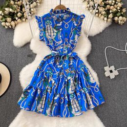 Robes décontractées Summer Runway Mode Femmes Robe Papillon Manches Bleu Fleur Imprimer Volants Blet Mini Lâche Vacances Vacances T6320