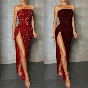 Robes décontractées Été Paillettes Robe de soirée sans bretelles Femmes 2024 Printemps Sexy Rouge Haute Fente Élégante Club de Fête