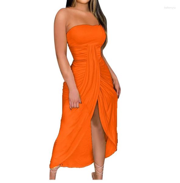 Vestidos casuales Verano Sexy Fuera del hombro Slash Cuello Sin espalda Sin mangas Frente Arruga Dividir Vestido largo largo 2023 Naranja Amarillo Blanco Playa